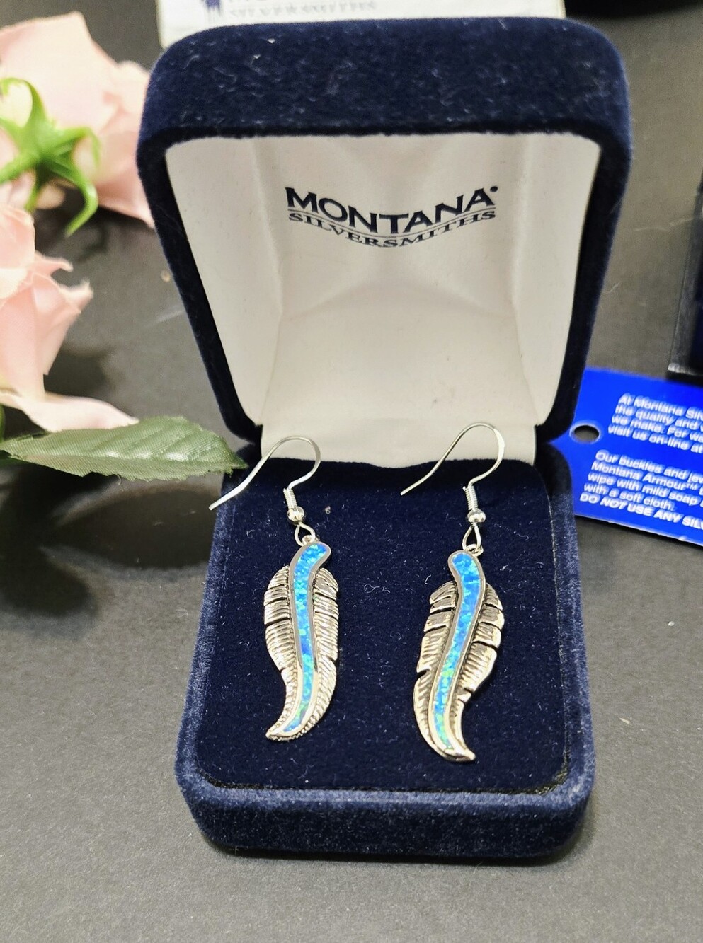 Montana Silversmiths Blue Opal Feather Dangle Earrings Sterling Hooks